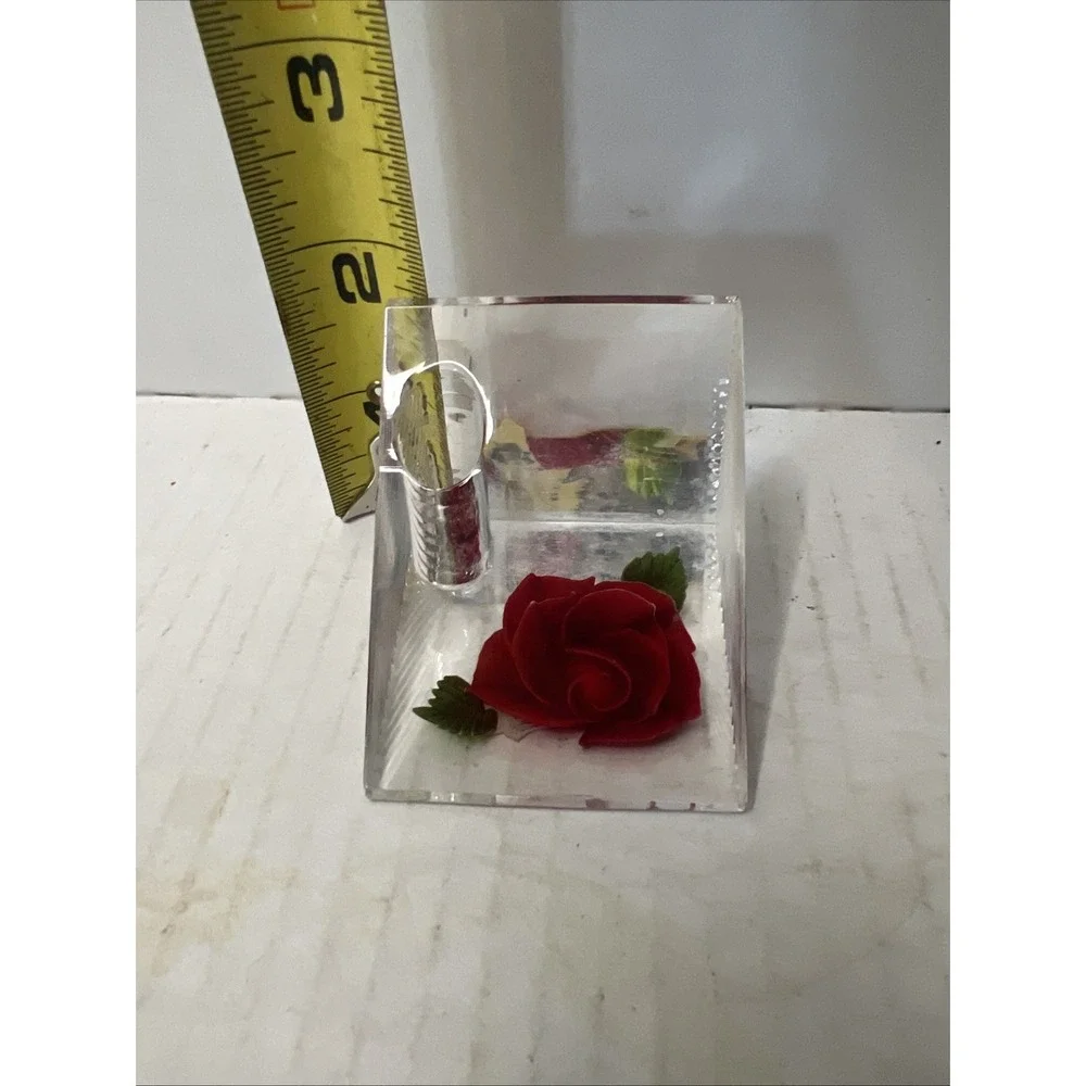 Vtg Bircraft Lucite & carved Red Rose PEN HOLDER 1950s